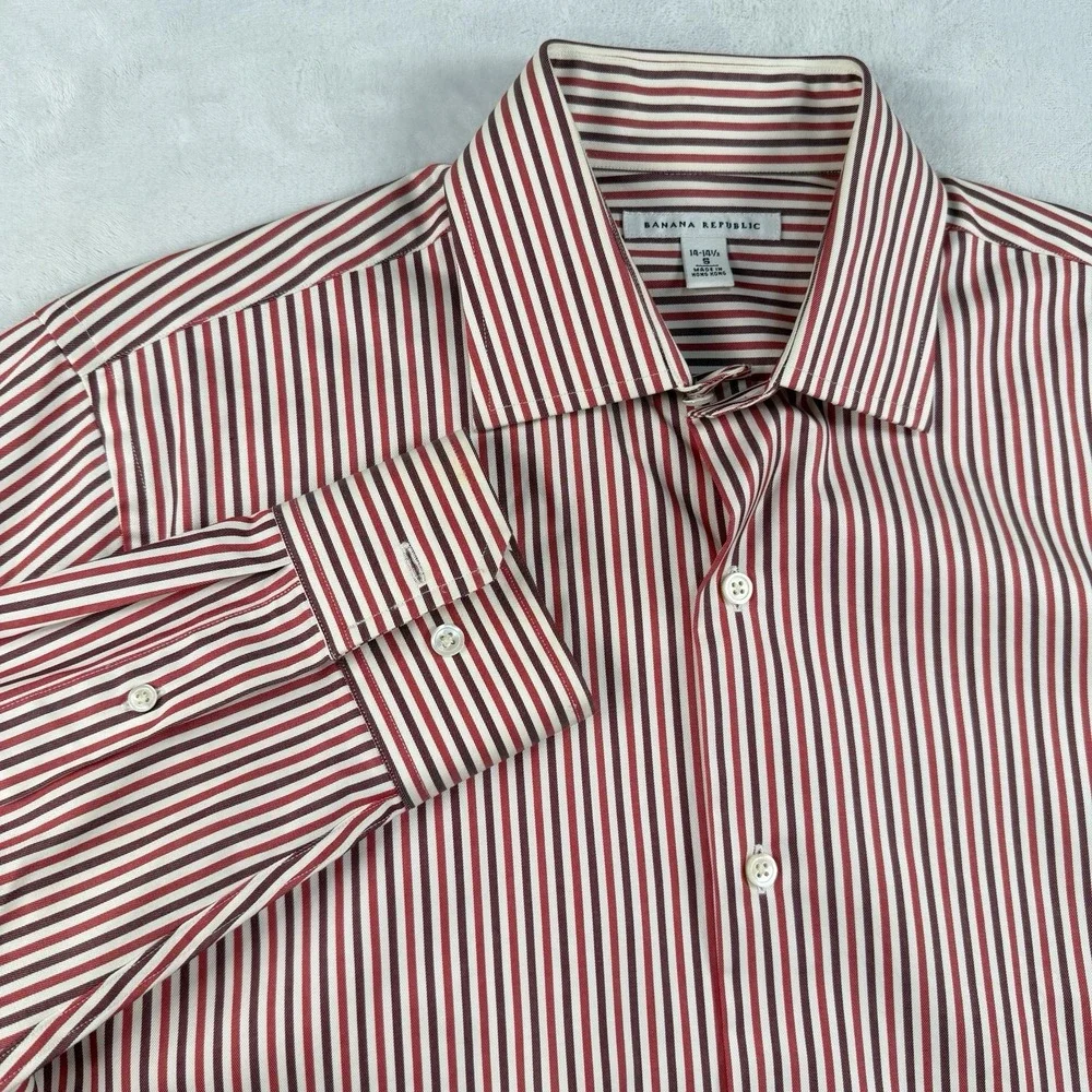 Banana Republic Dress Shirt Mens 14.5 33 Striped Red Maroon White 100% Cotton